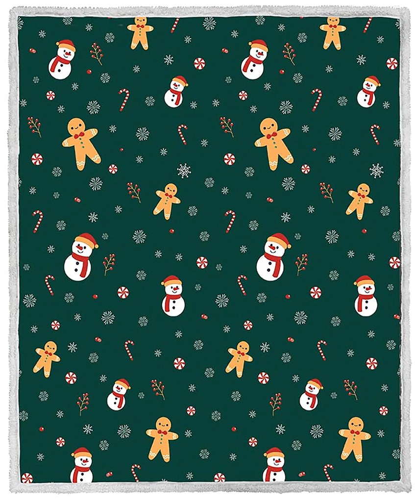 Hóember és mézeskalács karácsonyi sötétzöld mikroplüss báránytakaró Méret: 200 x 220 cm