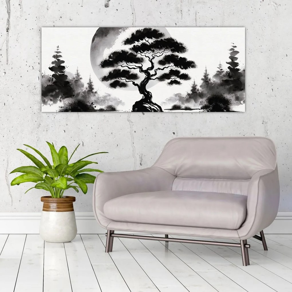 Kép – Fekete-fehér bonsai (120x50 cm)
