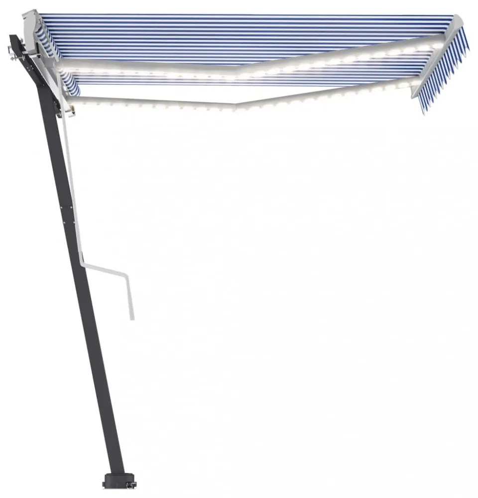 kék és fehér kézzel kihúzható LED-es napellenző 350x250 cm