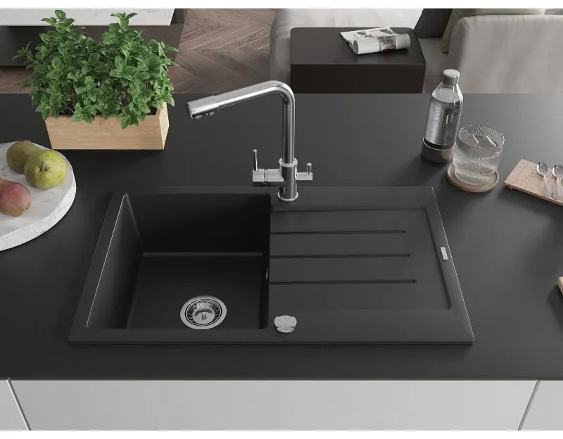 Mexen Bruno, 1 kamrás gránit mosogató lefolyóval 795x495x200 mm Duero króm csapteleppel, fekete, 6513-77-671600-00