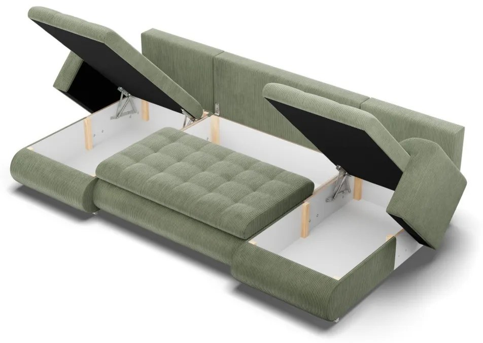 Tokio U alakú sarokkanapé, 3 ágyneműtartóval, kordbársony, univerzális oldal, zöld