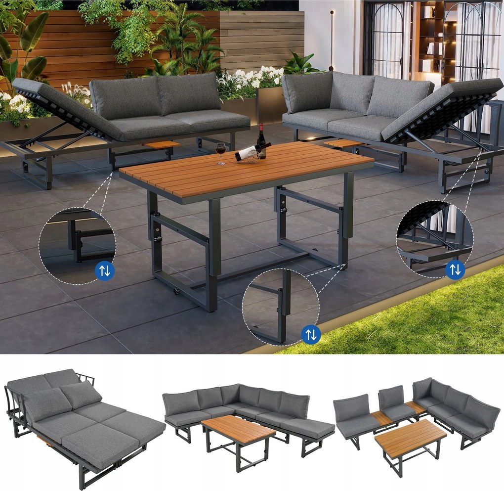 Kerti bútor szett 2 kanapé+asztal Akácfa Vas Állítható szürke