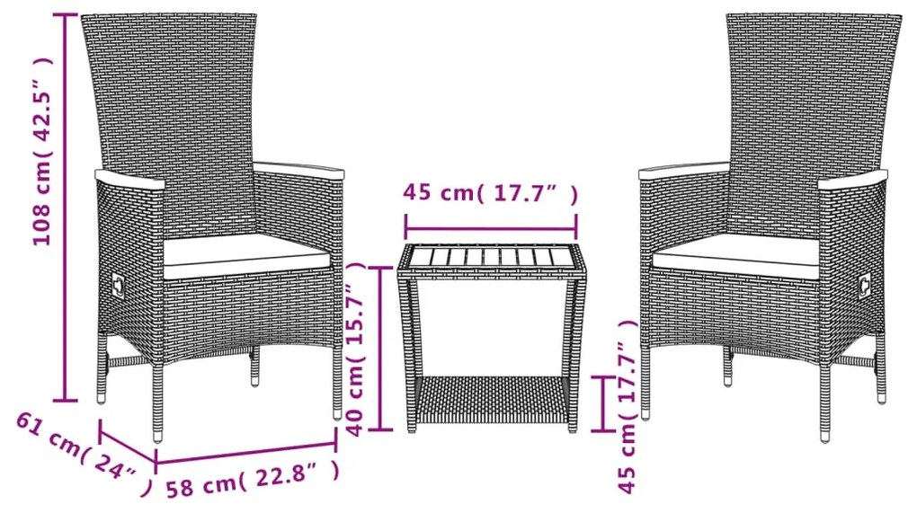 3 részes fekete polyrattan kerti étkezőgarnitúra párnákkal