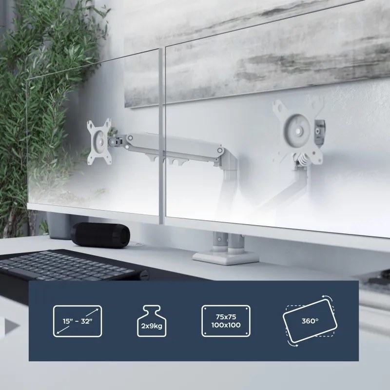 Monitor asztali állvány két monitorhoz, 15" - 32", állítható fehér
