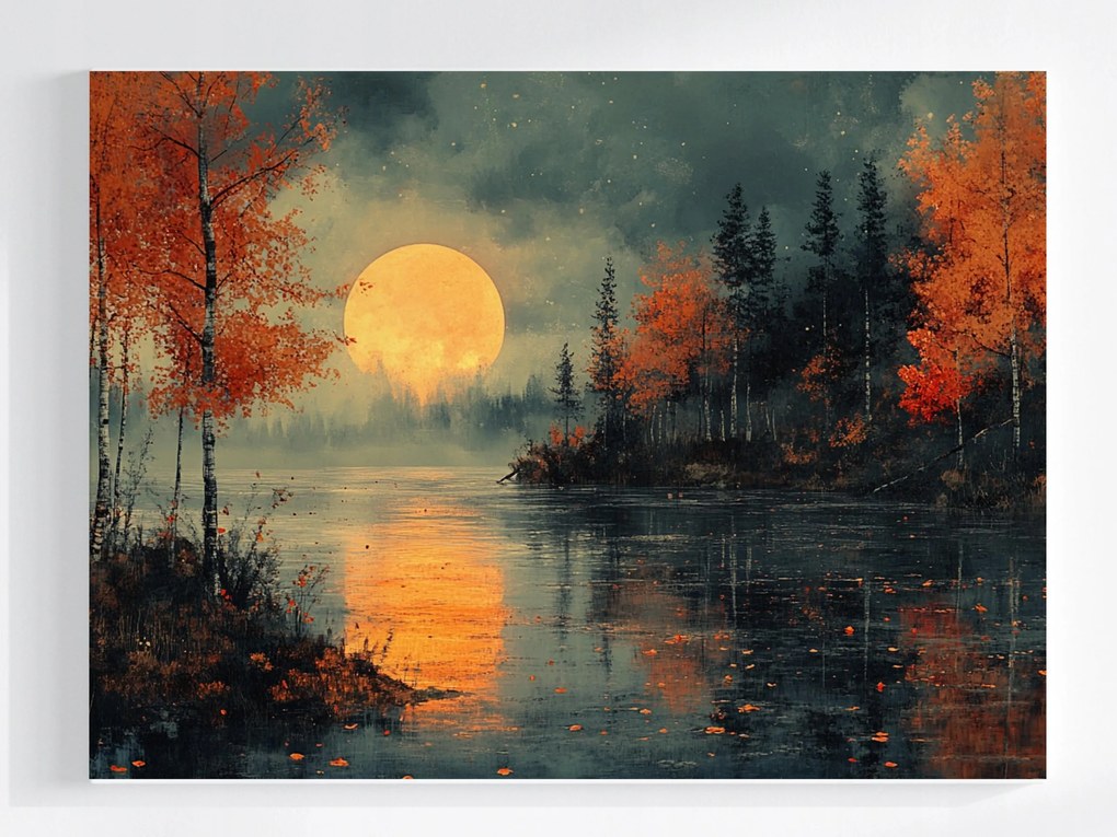 Vászonkép Canvas Tájkép Tó Fák Hold Este Éjszaka 100x75