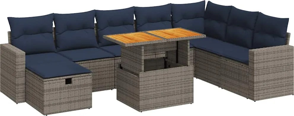 vidaXL 9 részes szürke polyrattan akácfa kerti ülőgarnitúra párnákkal