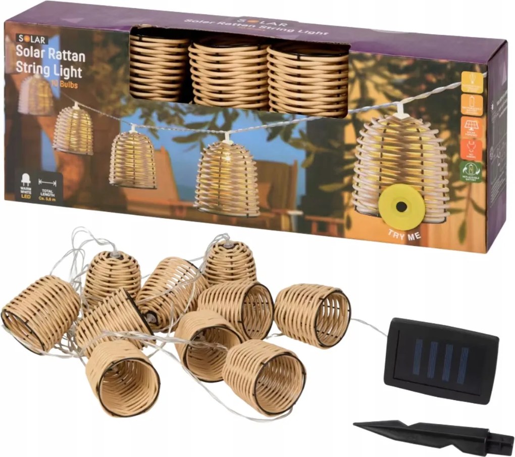 Fényfüzér Fonott Kosár 10 Led 560CM Prémium Napelemes Lámpa