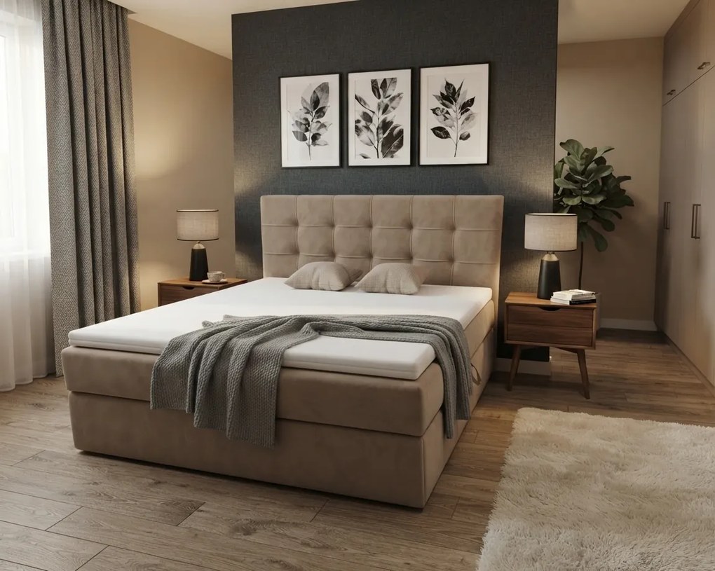 Kárpitozott boxspring ágy DIRELIS TRINITY 160x200 cm bézs Matrac: Bonell rugós matrac