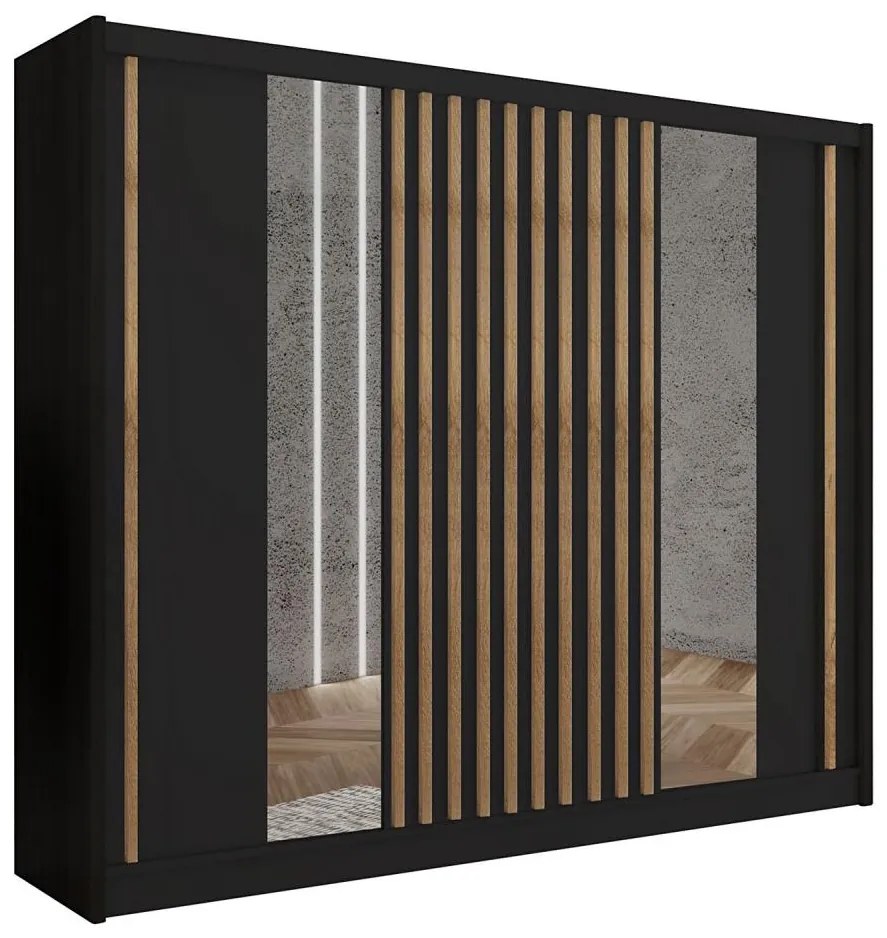Tükrös gardróbszekrény SANTINO 250x215 cm fekete/craft tölgy LADDER 250  Czarny/Lamele dąb craft