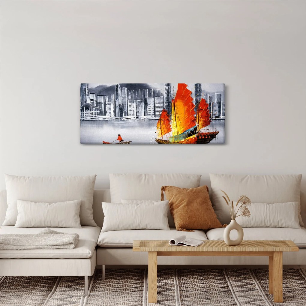Festmény - Victoria Harbour, Hong Kong, fekete-fehér olajfestmény (120x50 cm)