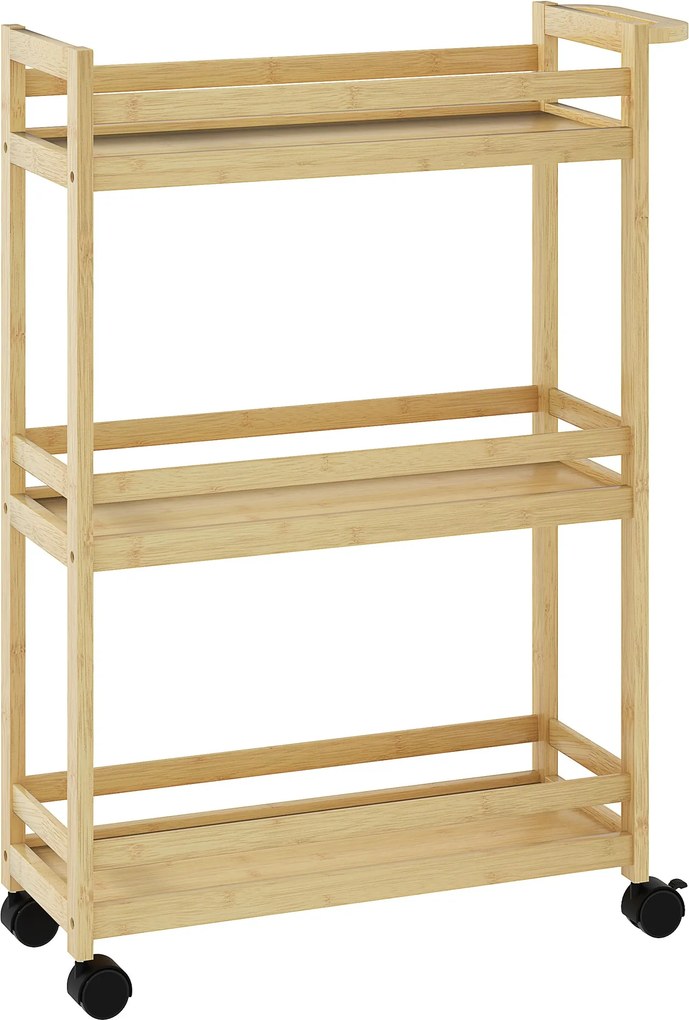 HOMCOM 3-szintes bambusz fürdőszobai tároló kocsi kerekekkel 55x20x75 cm Természetes | Aosom