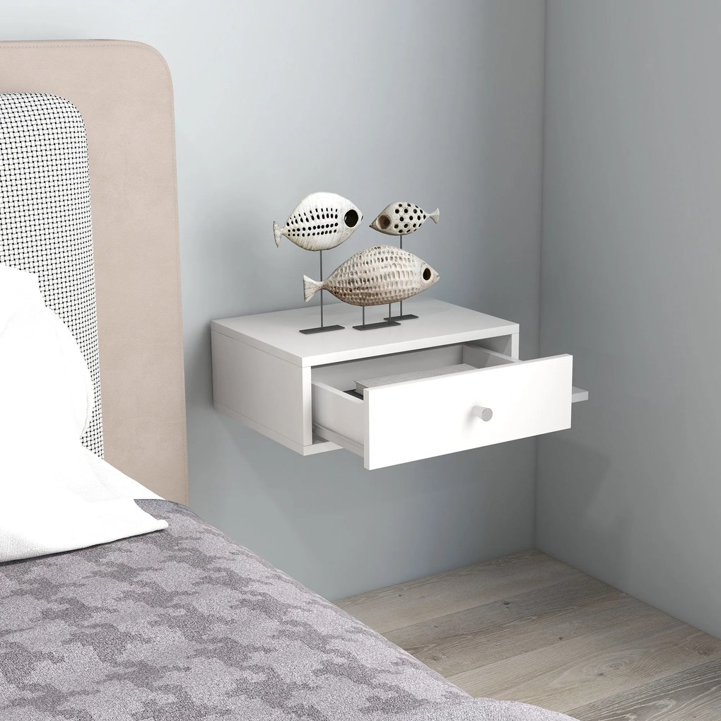 HOMCOM 2 db fali éjjeli szekrény - 2 db éjjeli asztal - oldalsó polc és fiók - 55L x 30W x 15H cm - Fehér fa | Aosom