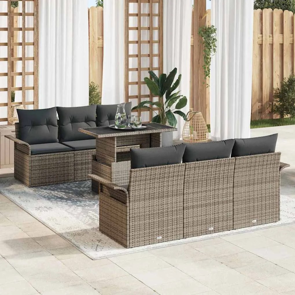 vidaXL Kerti Kanapé Szett párnával tárolóval 7 pcs Szürke Poly Rattan