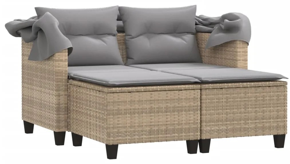 2 személyes bézs polyrattan kerti kanapé baldachinnal/székkel