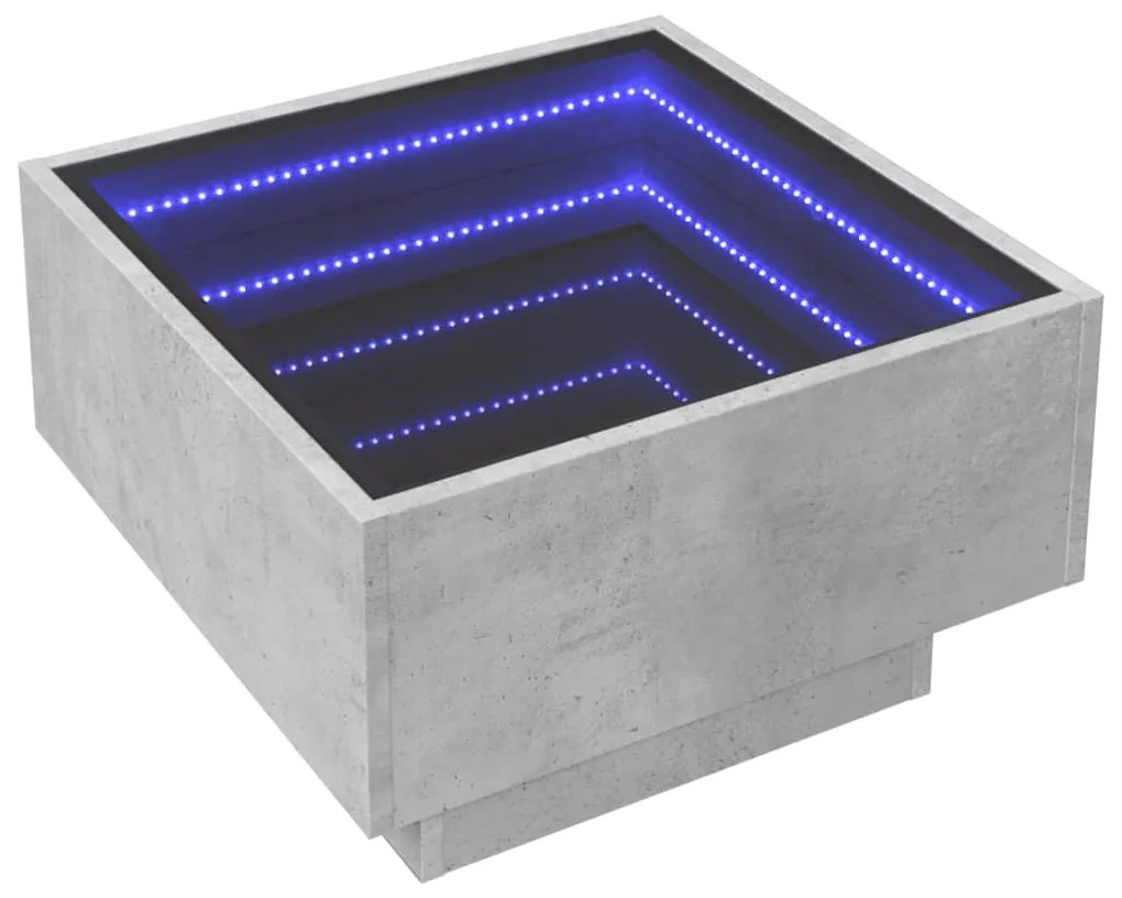 betonszürke szerelt fa dohányzóasztal LED-del 50 x 50 x 30 cm