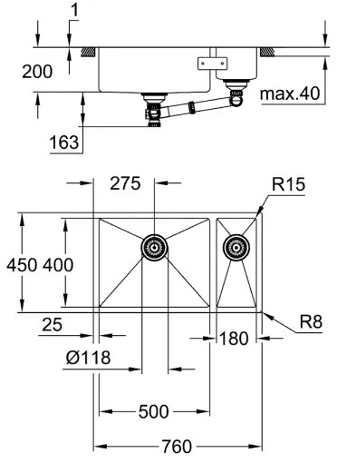 GROHE 31575SD1 - K700U konyhai mosogató, 760 × 450 mm, rozsdamentes acél