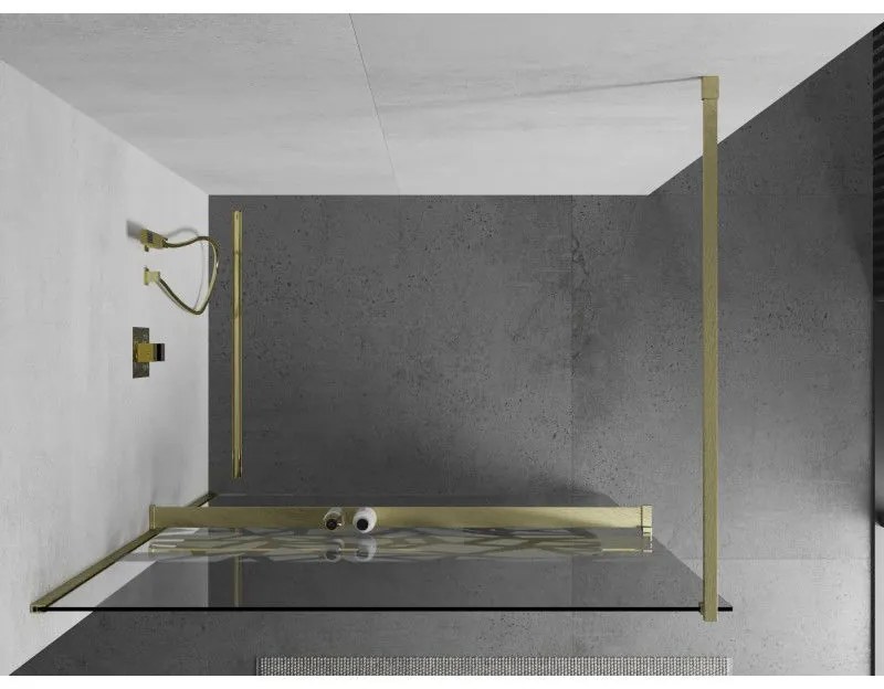 Mexen Kioto+, Walk-In zuhanyparaván polccal és akasztóval 120 x 200 cm, 8 mm átlátszó üveg fehér mintás, arany matt profil, 800-120-121-55-85