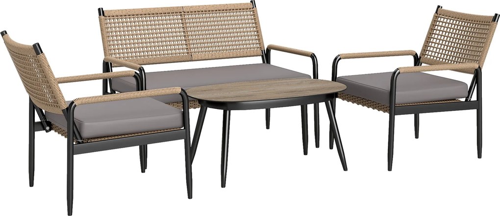 Outsunny Polyrattan Kerti Bútor Szett - 2 Személyes Kanapé, Fotel és Üveg Asztal - Időjárásálló Ülőcsoport 4 Személyes Kültéri Balkoni Kerti Bútor Söt