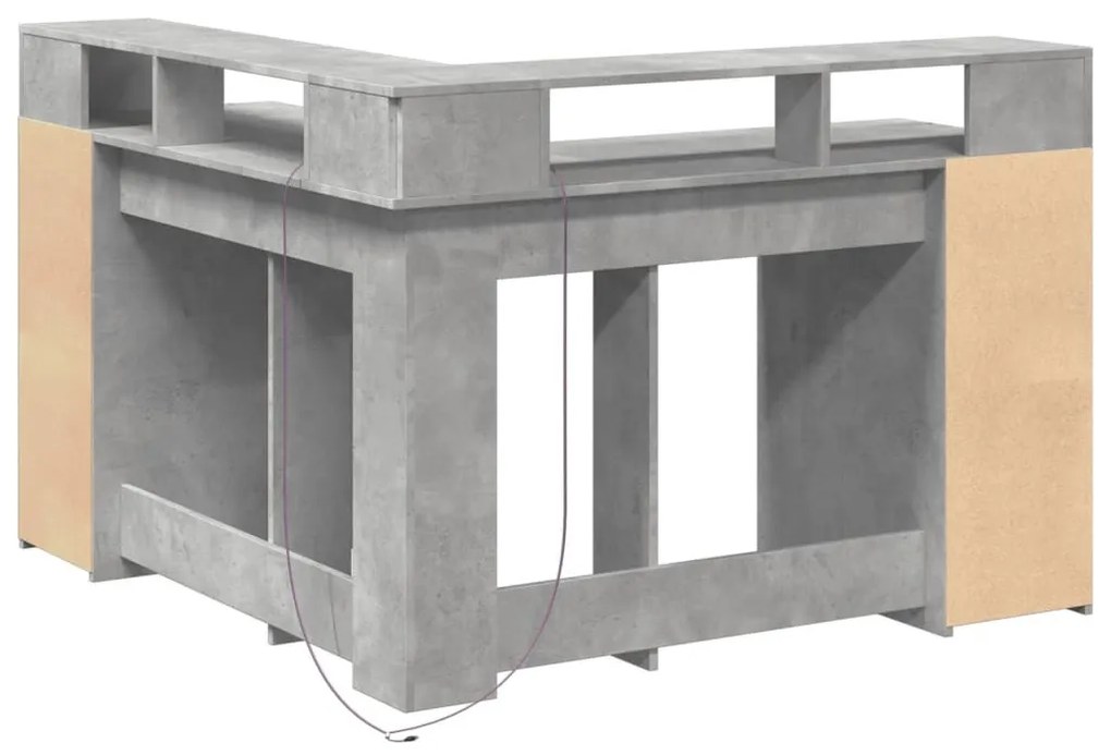 betonszürke szerelt fa íróasztal LED-világítással 130x130x91 cm