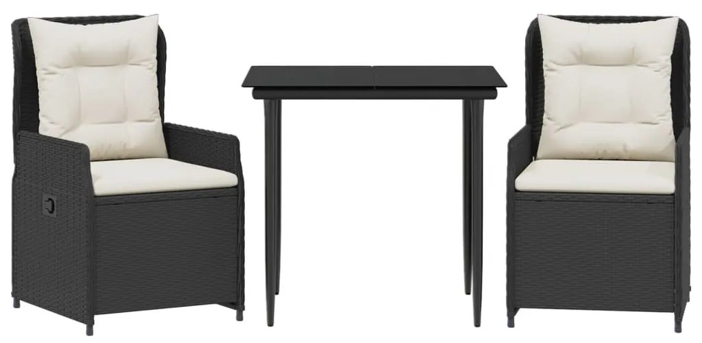 3 részes fekete polyrattan kerti étkezőgarnitúra párnákkal