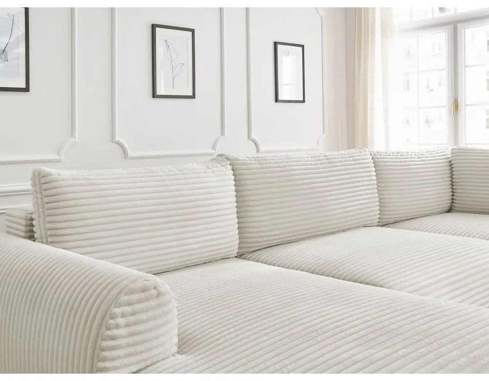 Krémszínű kordbársony kinyitható sarokkanapé (bal oldali-U alakú) Lucien – Bobochic Paris