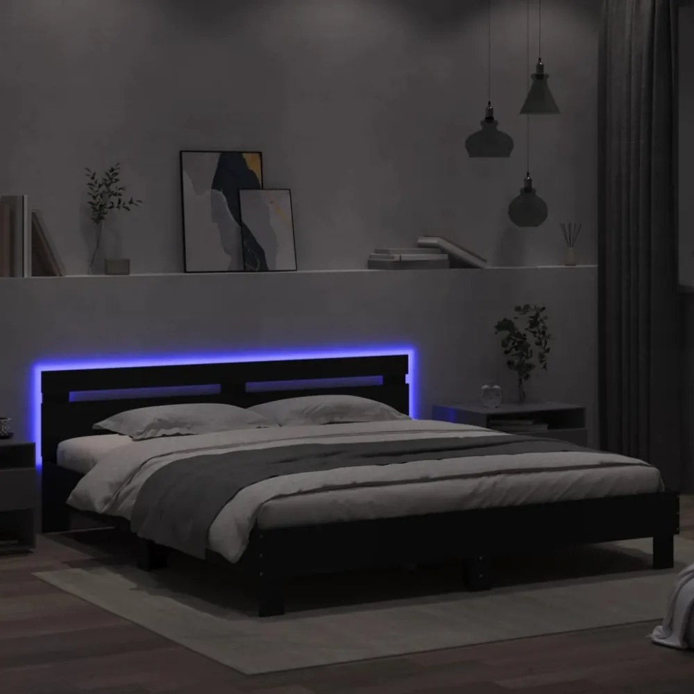 fekete ágykeret fejtámlával és LED-del 160 x 200 cm