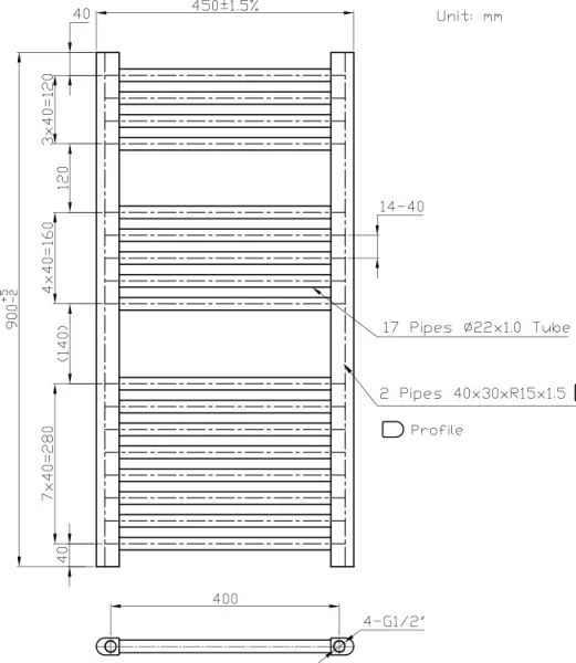 Novaservis - Fürdőszobai törölközőszárító radiátor 365W/230V 90x45 cm fehér, egyenes kivitel