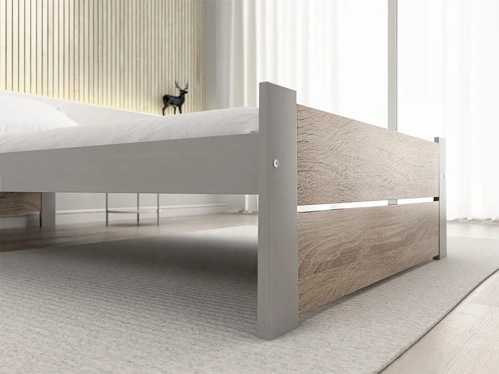 Ágy IKAROS DOUBLE 90 x 200 cm, sonoma tölgy/szürke Ágyrács: Léces ágyrács, Matrac: Deluxe 10 cm matrac