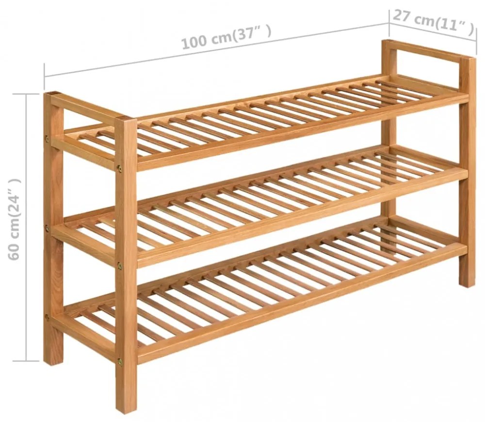 tömör tölgyfa cipőtartó 3 polccal 100 x 27 x 60 cm