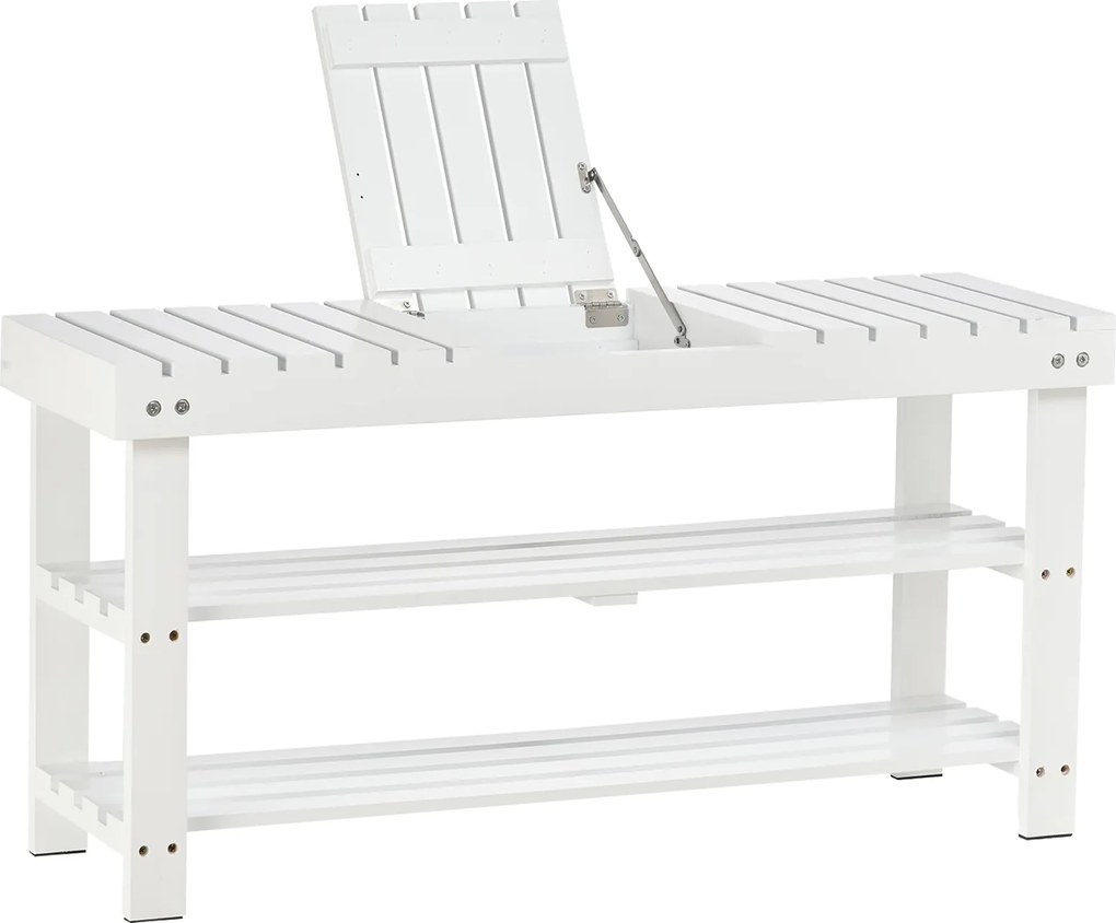 HOMCOM Cipőpad, 3-szintes Fa Cipőszekrény Tárolópolccal és Rejtett Rekesszel, Előszobai Pad, 90 x 29 x 45 cm, Fehér | Aosom