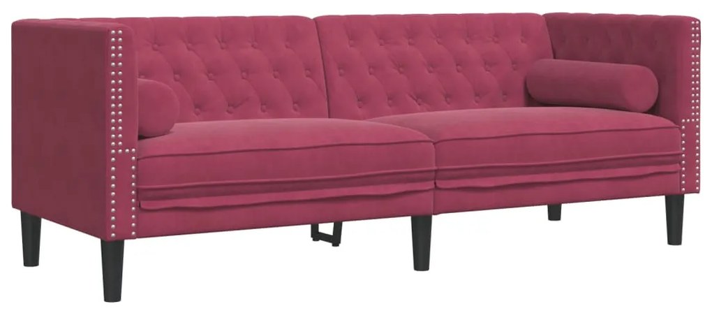 3 személyes bordó bársony Chesterfield kanapé hengerpárnákkal