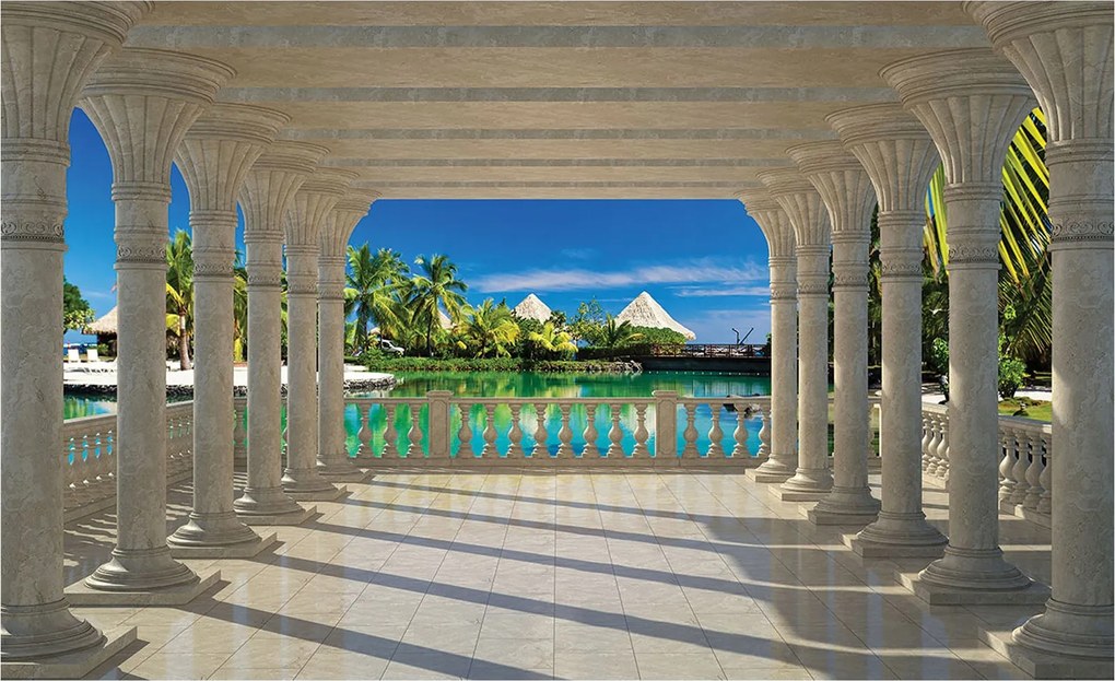 Flizelin fotótapéta Azúrkék lagúna Terasz Pálmafák Relaxáció 250x175 +ragasztó