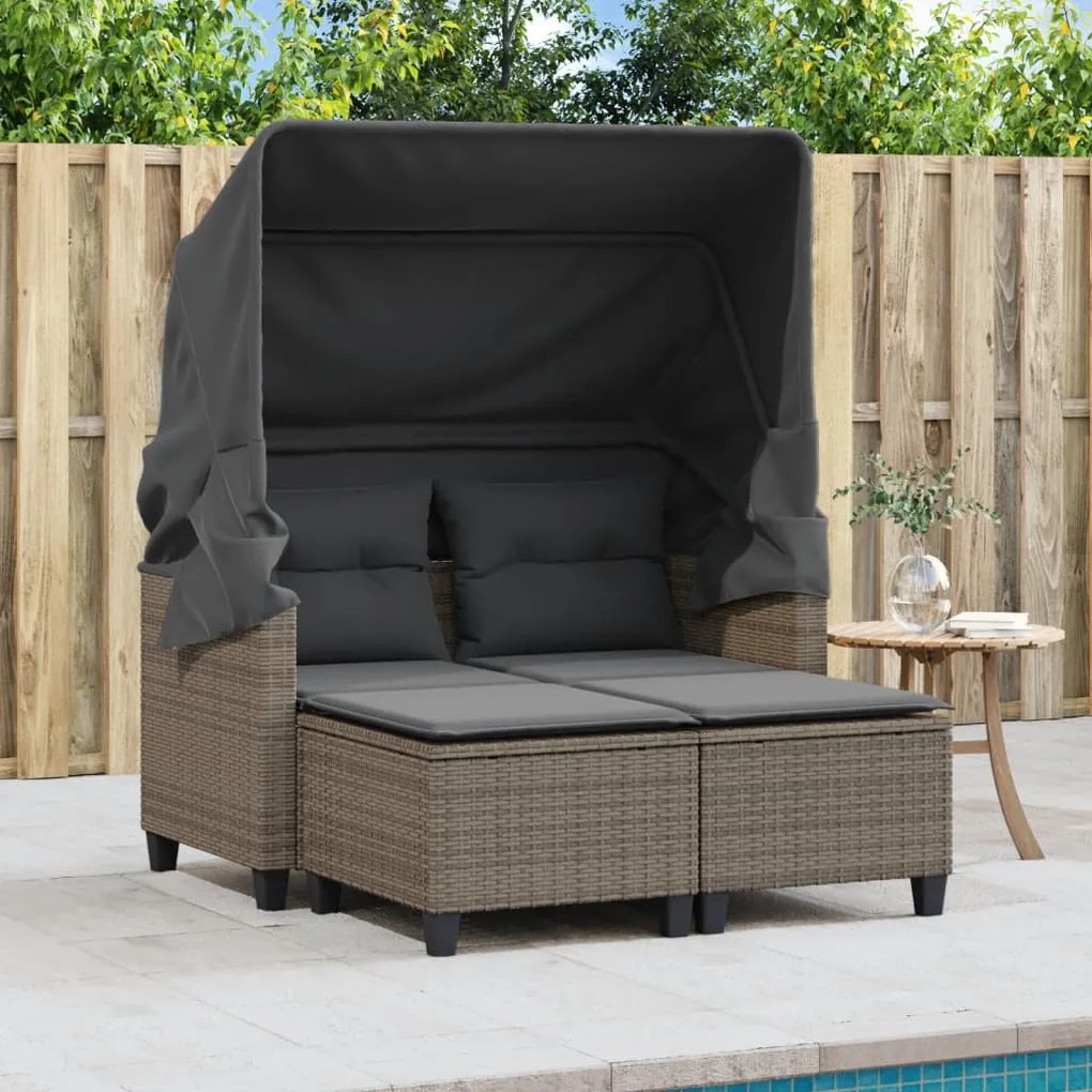2 személyes szürke polyrattan kerti kanapé baldachinnal/székkel