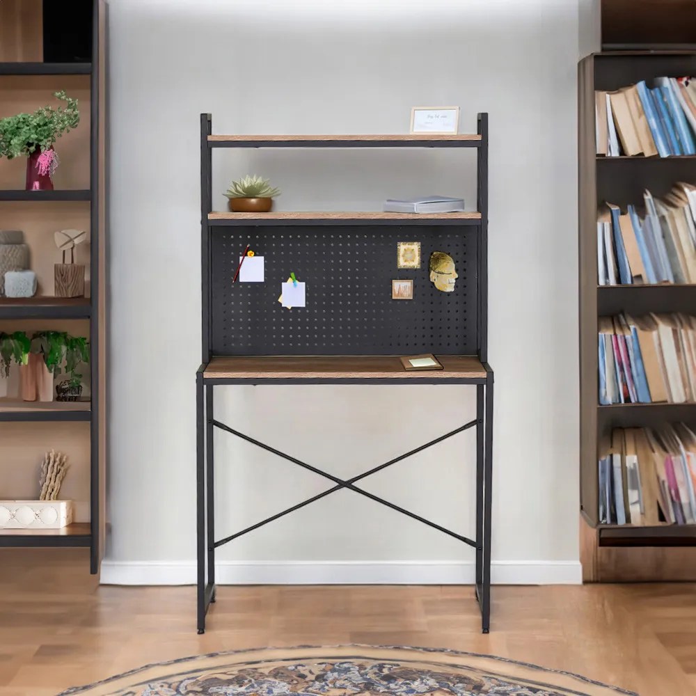 Polcos íróasztal / számítógépasztal mágnestáblával 84×50 cm, masszív fém vázzal, fekete–modern tölgy – Intenso Home