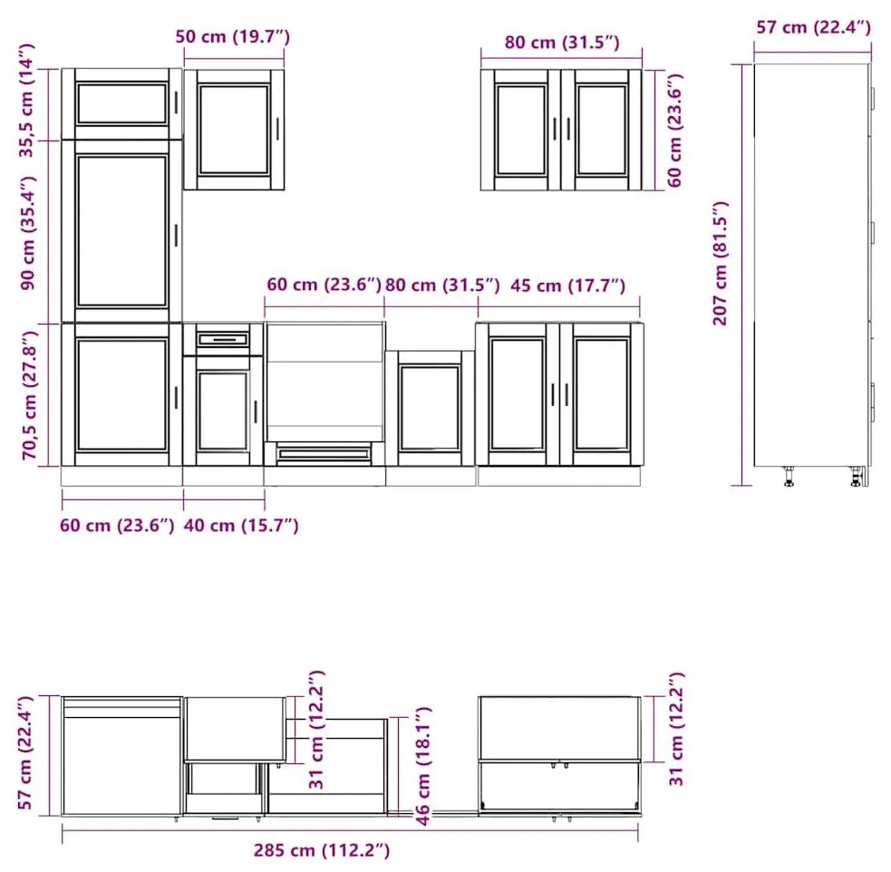 7 darabos konyhaszekrény szett Porto szürke sonoma műfa