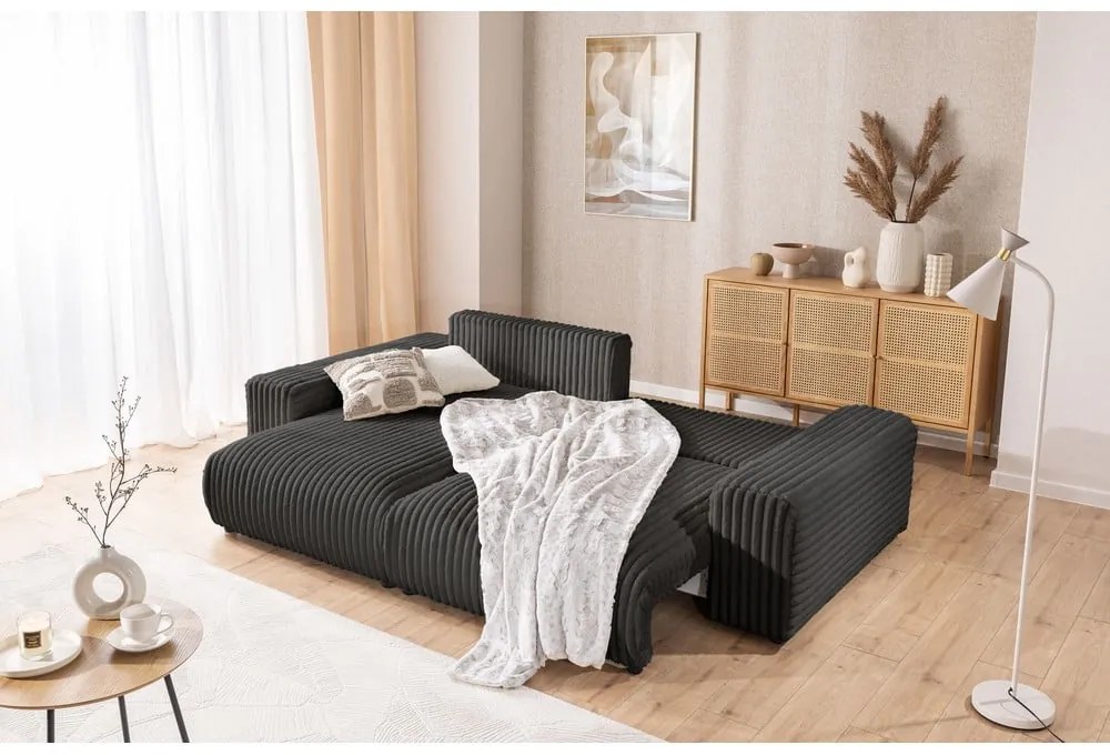 Sötétszürke kordbársony kinyitható-tárolóhelyes sarokkanapé (bal oldali) Sarina – Ropez