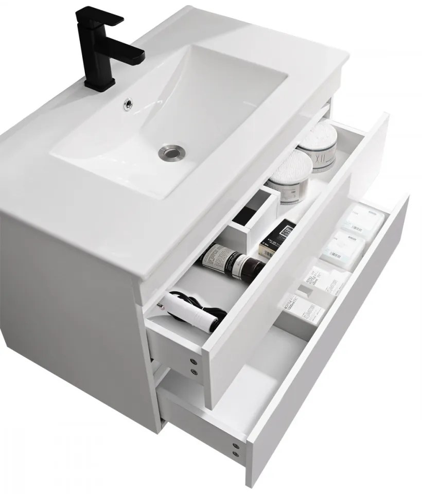 Cube 80 alsó fürdőszobabútor kerámia mosdóval 2 fiókos, magasfényű festett fehér