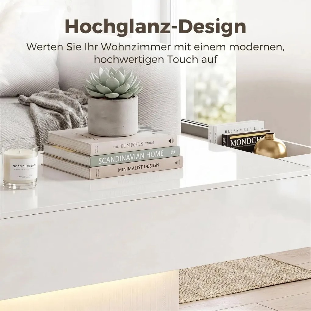 HOMCOM Dohányzóasztal tárolóval, LED magasfényű, modern, 2 fiókkal és távirányítóval, fehér