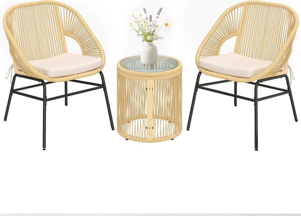 Outsunny 3 részes rattan bistro szett – 2 párnázott fotel és edzett üvegasztal, ergonomikus balkon/terasz bútor, bézs | Aosom