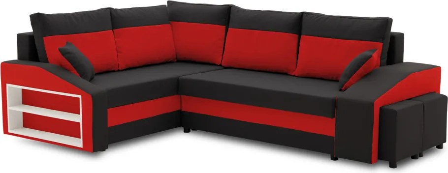 Grande sarokkanapé polcokkal és puffokkal , polc a bal karfaban puffok a jobb karfaban, baloldali, szövet anyag, bonell töltet, fekete - piros