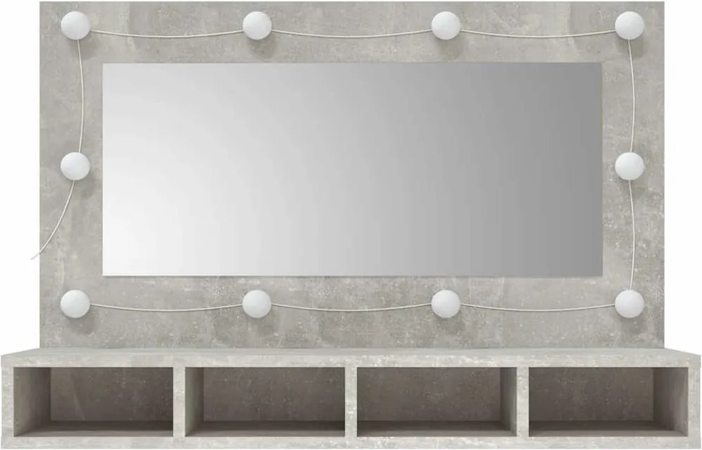 Betonszürke tükrös szekrény LED-ekkel 90 x 31,5 x 62 cm