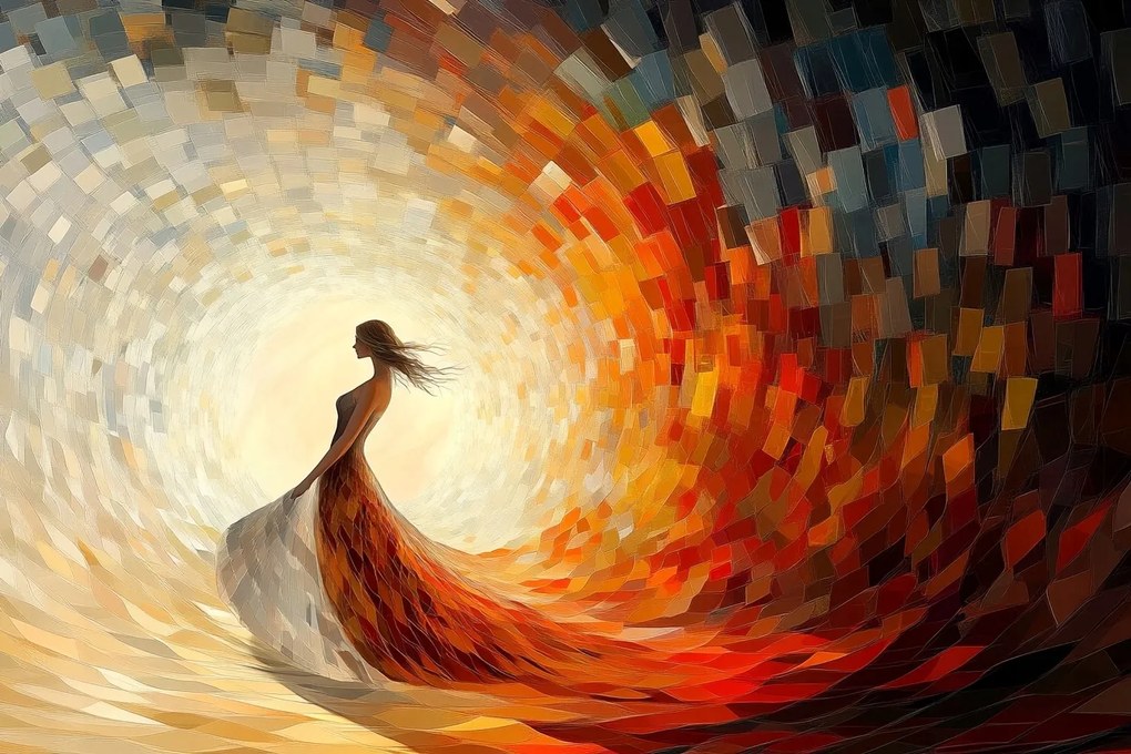 Vászonkép Canvas Nő Lány Mozaik Tűz Nap Kör 120x80