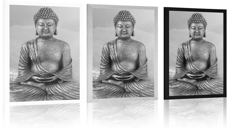 Poszter Buddha szobor meditáló helyzetben fekete fehérben