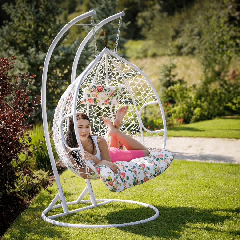 Függő dupla fotel, fehér/minta virág, DALVEA 2 NEW