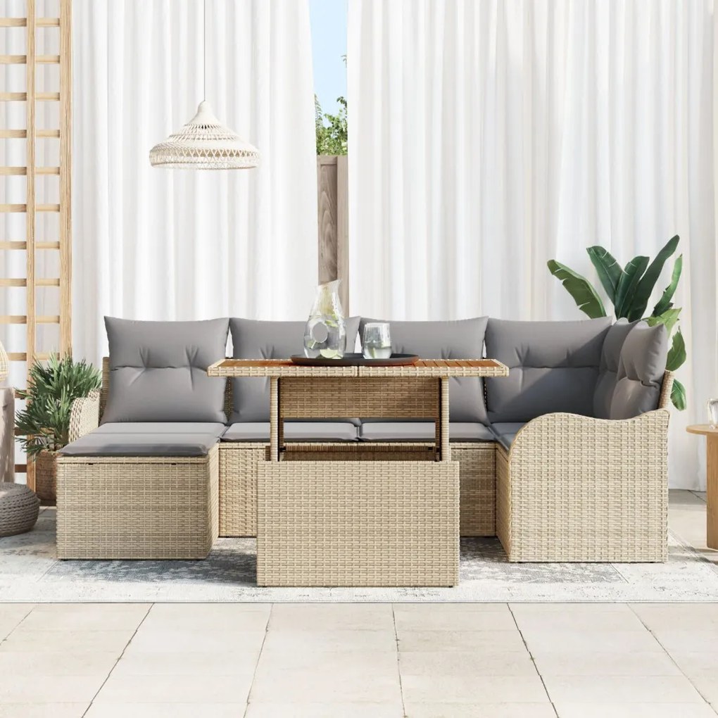 7 Részes Kert Kanapé Szett Párnákkal Bézs Poly Rattan Akáccal, 2-Személyes Kert Kanapé Párnákkal Bézs Poly Rattan