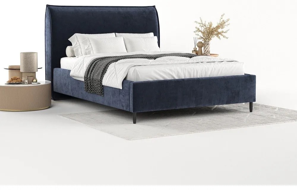 Sötétkék kárpitozott ágyneműtartós franciaágy ágyráccsal 140x200 cm Shell – Maison de Rêve