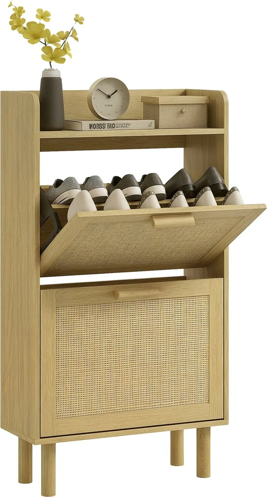 HOMCOM Előszobai Cipőtároló Szekrény Bohém Stílusban, 18 Pár Cipőhöz, 2 Összecsukható Fiókkal és 1 Nyitott Polccal, Keskeny Cipős tároló Előszobába, 8