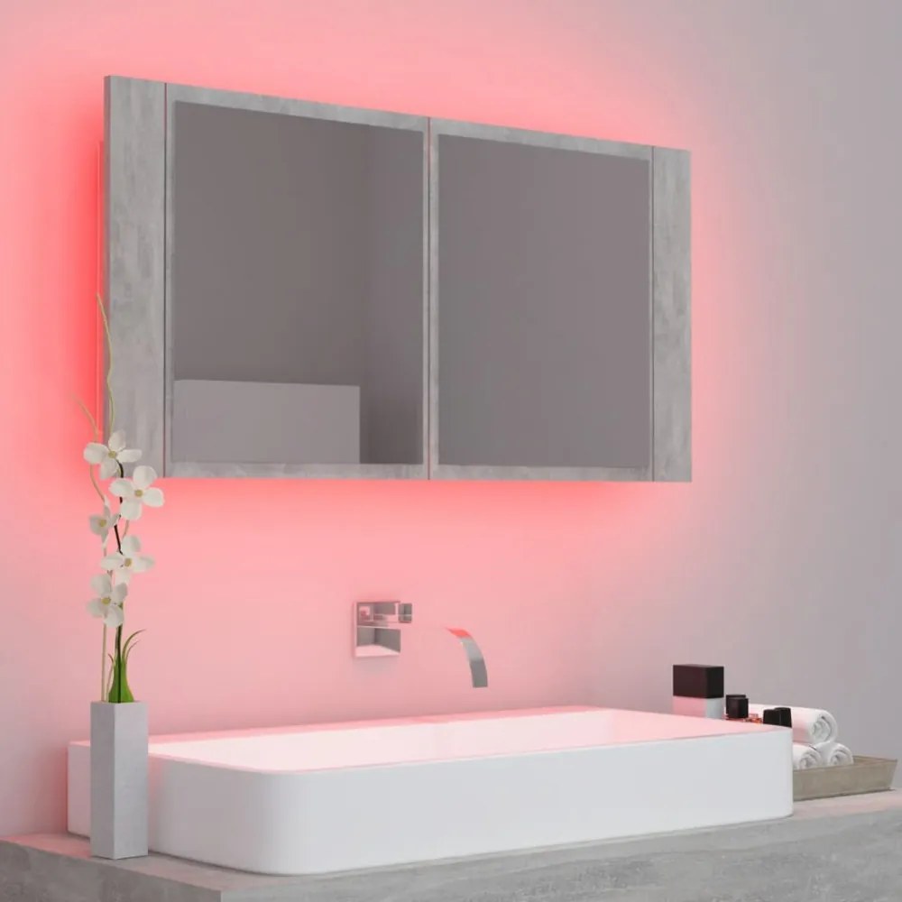 betonszürke akril LED-es tükrös fürdőszobaszekrény 90x12x45 cm