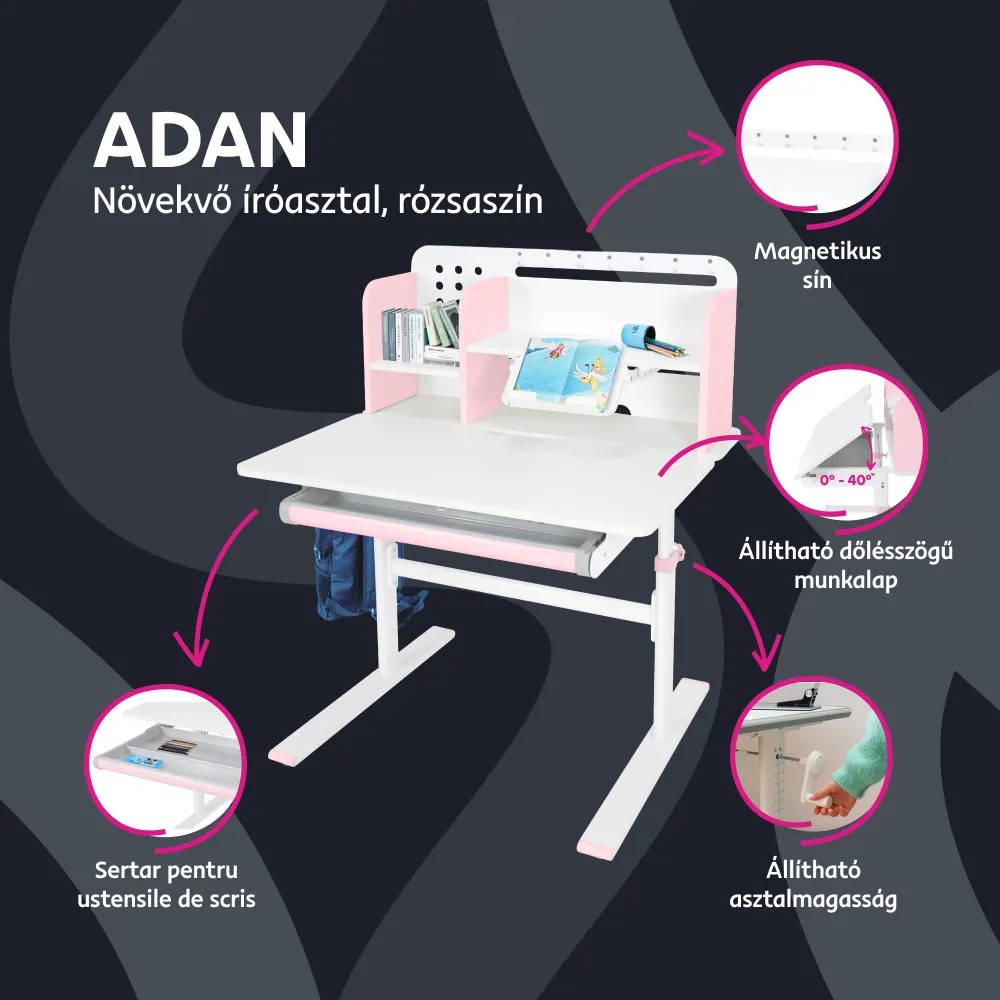 Növekvő íróasztal, rózsaszín/fehér, ADAN