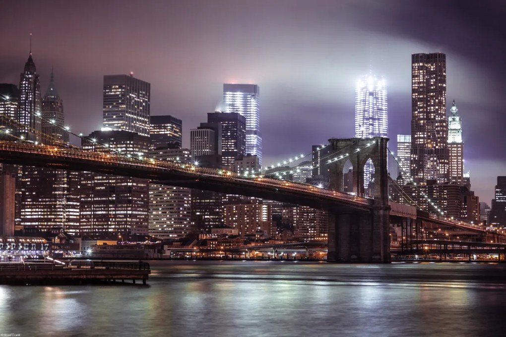 Poszter 45x30cm Esti felvétel a Brooklyn hídról Alsó-Man panorámával
